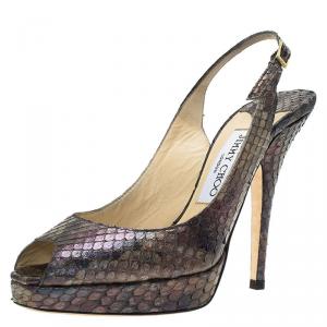 Pre Owned Jimmy Choo Pearl Finish Python Peep Toe Slingback Sandals Size 36
