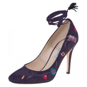 Pre Owned Jimmy Choo Purple Floral Embroidered Suede Chelan Tie Up Pumps Size 40