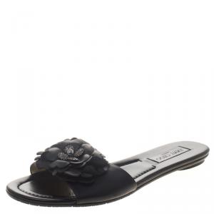 Pre Owned Jimmy Choo Black Leather Neave Floral Appliqué Slides Size 40