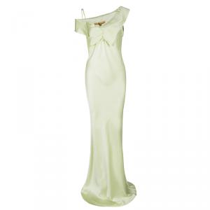 John Galliano Lemon Yellow Satin Asymmetric Shoulder Detail Maxi Dress M