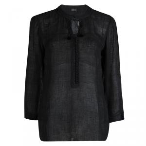 Joseph Black Linen Mandarin Collar Long Sleeve Blouse M