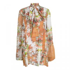Pre Owned Just Cavalli Multicolor Floral Printed Long Sleeve Neck Tie Detail Blouse L
