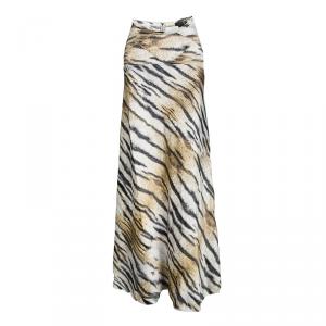 Pre Owned Just Cavalli Tiger Printed Satin Flared Godet Maxi Skirt L