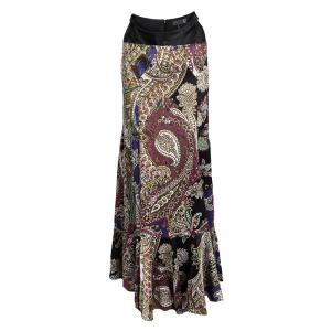 Pre Owned Just Cavalli Multicolor Printed Satin Ruffle Bottom Maxi Skirt M