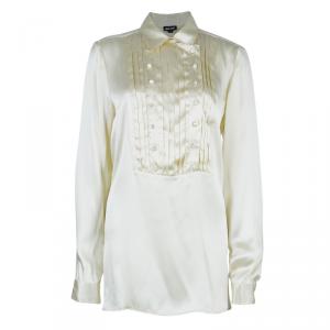 Pre Owned Just Cavalli Cream Silk Satin Long Sleeve Top L