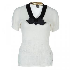 Just Cavalli White Knit Bow Detail Short Sleeve Top M