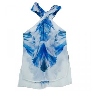 Pre Owned Just Cavalli Blue Printed Sheer Silk Bow Detail Sleeveless Top M