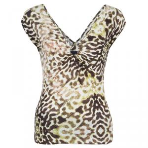Pre Owned Just Cavalli Animal Print Ruched Neck Fitted Knit Top S