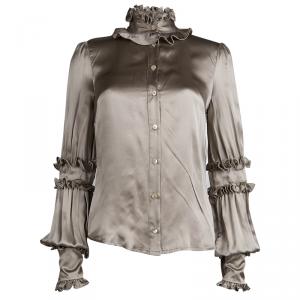 Just Cavalli Beige Satin Ruffle Detail Long Sleeve Shirt S