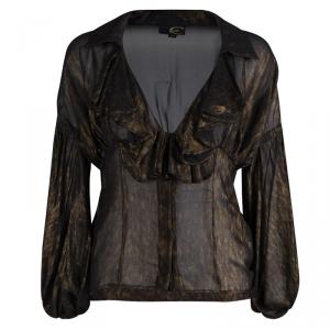 Just Cavalli Metallic Printed Silk Ruffle Detail Sheer Blouse XL
