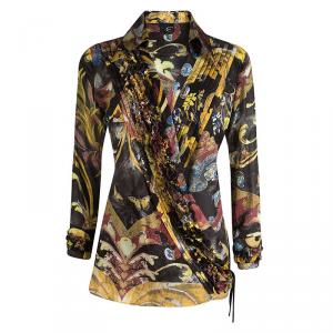 Pre Owned Just Cavalli Black Floral Printed Ruffle Detail Wrap Top M