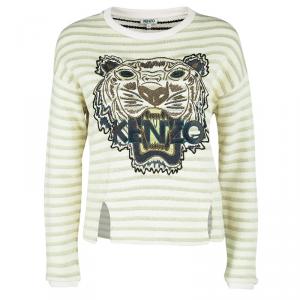 Pre Owned Kenzo Lemon Yellow Striped Knit Embroidered Tiger Motif Sweatshirt S