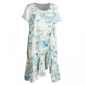 Pre Owned Kenzo Multicolor Cloud Printed Silk Ruffle Detail Dress XL