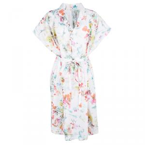 Pre Owned Kenzo White Floral Printed Cotton Belted Dress XL