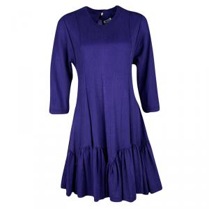 Pre Owned Kenzo Dark Blue Textured Cutout Back Detail Ruffle Bottom Sculptural Dress M