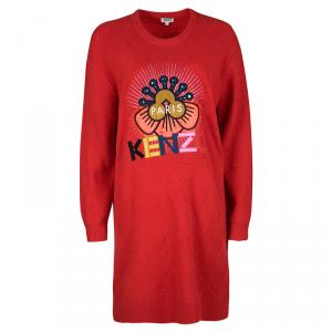 Pre Owned Kenzo Red Wool Tanami Flower Sweater Dress M