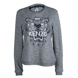 Pre Owned Kenzo Jungle Grey Slub Terry Embroidered Tiger Motif Sweatshirt L