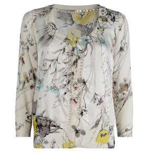 Pre Owned Kenzo Cream Floral Printed Silk Button Front Cardigan M 