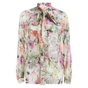 Pre Owned Kenzo Floral Printed Crinkled Silk Chiffon Front Tie Detail Blouse S