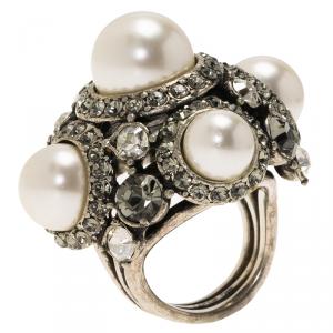 Lanvin Faux Pearls and Crystals Silver Tone Cocktail Ring Size 49
