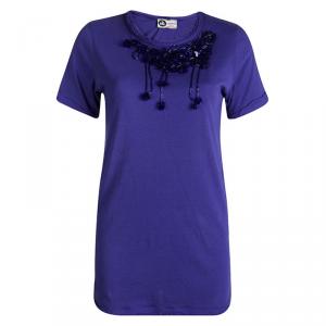 Pre Owned Lanvin Blue Knit Sequin Embellished Chiffon Trim Top S