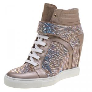 Le Silla Beige Crystal Embellished Suede and Leather Burma Wedge Sneakers Size 41