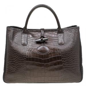 Longchamp Brown Glaze Croc Embossed Leather Roseau Tote