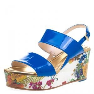 Loriblu Blue Patent Leather Floral Printed Wedge Sandals Size 37.5