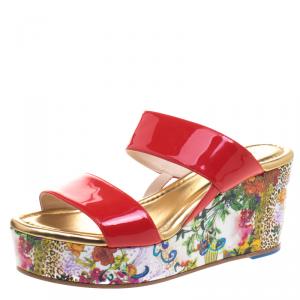 Loriblu Red Patent Leather Floral Printed Wedge Sandals Size 40