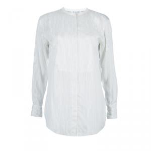 Loro Piana Off-White Striped Mandarin Collar Long Sleeve Silk Shirt S