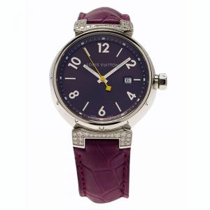 Louis Vuitton Black Stainless Steel Diamond Tambour Women's Wristwatch 34MM