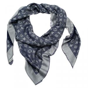 Pre Owned Louis Vuitton Blue Monogram Wool and Silk Shawl