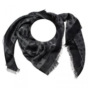 Pre Owned Louis Vuitton Black Monogram Shine Wool and Silk Fringe Edged Shawl