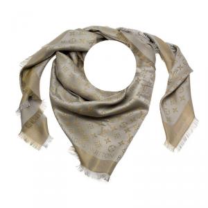 مملوكة مسبقًا Louis Vuitton Gold and Grey Monogram Shine Wool & Silk Fringe Edged Shawl