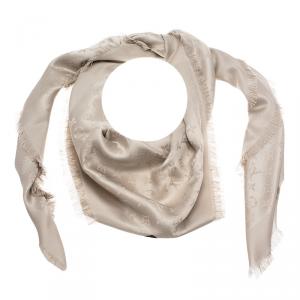 Pre Owned Louis Vuitton Beige Monogram Wool & Silk Fringe Edged Shawl