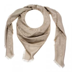 Pre Owned Louis Vuitton Beige Monogram Wool & Silk Fringe Edged Shawl