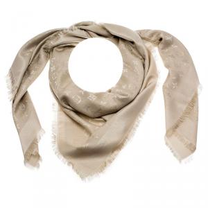Pre Owned Louis Vuitton Beige Monogram Wool & Silk Fringe Edged Shawl