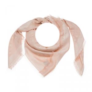 Pre Owned Louis Vuitton Blush Pink & White Monogram Denim Silk Wool Fringe Edged Shawl