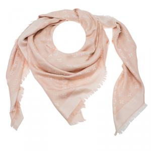 Pre Owned Louis Vuitton Blush Pink Monogram Denim Silk Wool Fringe Edged Shawl