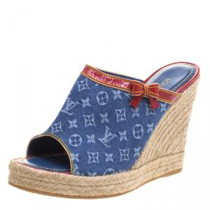 Pre Owned Louis Vuitton Blue Monogram Denim Espadrille Wedge Mules Size 39