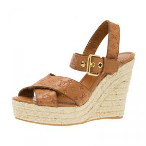 مملوكة مسبقًا Louis Vuitton Tan Monogram Idylle Leather Formentra Espadrille Wedge Sandals Size 38