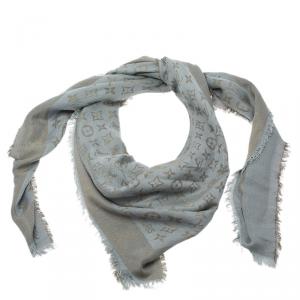 Pre Owned وشاح لوي فيتون نقش مونوغرامي رصاصي وذهبي براق 