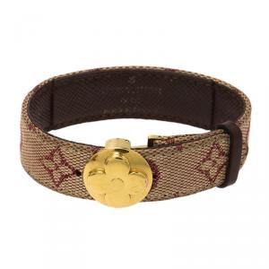 Pre Owned Louis Vuitton Wish Monogram Burgundy & White Canvas Gold Tone Wide Bracelet