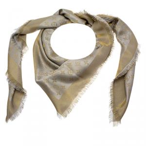 مملوكة مسبقًا Louis Vuitton Gold and Grey Monogram Shine Wool and Silk Fringe Edged Shawl