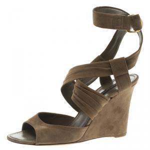 Pre Owned Louis Vuitton Brown Suede Criss Cross Ankle Wrap Wedge Sandals Size 40