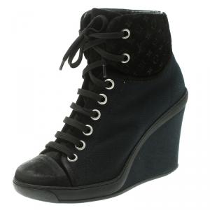 Pre Owned Louis Vuitton Black Canvas and Monogram Suede Batignolles Wedge Sneakers Size 37