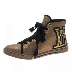 Louis Vuitton Gold Embossed Leather High Top Sneakers Size 37.5 