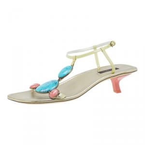 Pre Owned Louis Vuitton Gold Leather Beaded Sandals Size 38.5