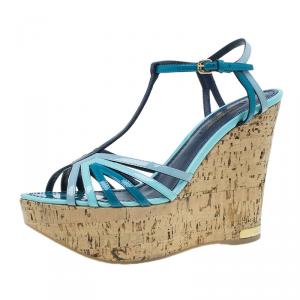 Pre Owned Louis Vuitton Blue Patent Leather Summertime Cork Wedges Size 37