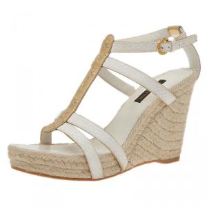 Pre Owned Louis Vuitton White Leather Bahamas T-Strap Espadrille Wedge Sandals Size 37